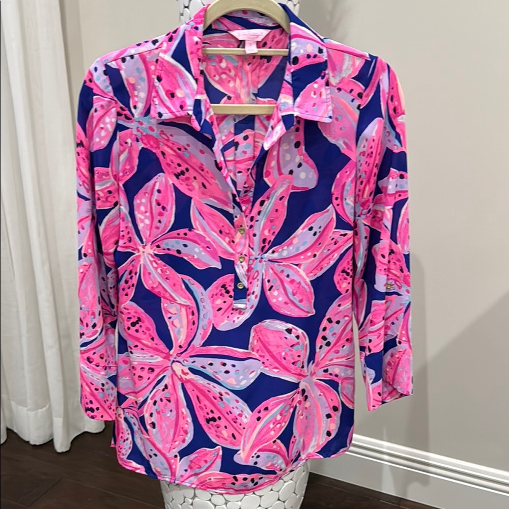 Lilly Pulitzer Vibrant Pink & Navy Floral Popover Tunic